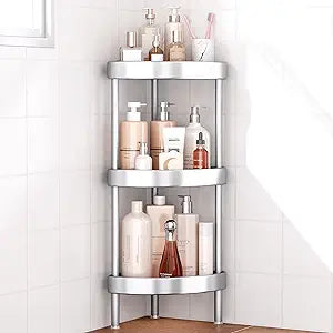 Nieifi Corner Shower Caddy Stand-3 Tier Rustproof Anodized Aluminum Standing Shower Organizer-Shower Caddy Corner-Dual Stability to Anti-Shaking-Height-Adjustable Legs for Uneven Surfaces-Silver