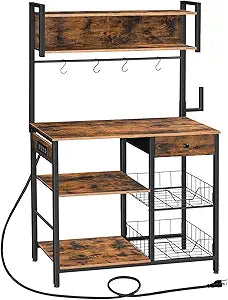 HOOBRO Bakers Rack with 4 AC Power Outlets, 5-Tier Coffee Bar with Wire Basket, Microwave Stand with Paper Holder and Drawer, Kitchen Storage Shelf, Rustic Brown and Black BF84UHB01