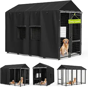Outdoor Dog Kennel Cover 8'D x 4'W x 6'H Black Heavy Duty Waterproof Dog Kennel Cover with Transparent PVC Window All-Weather Protection for Multiple Brands of Kennels (Only Cover)