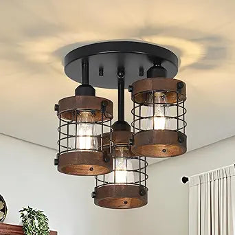 PAUFUL Semi Flush Mount Ceiling Light,3-Light Farmhouse Chandelier Light Fixtures Ceiling Mount, Black Hallway Light Fixtures with Wooden Cage Shade,Rustic Kitchen Light Fixture for Entryway Bedroom