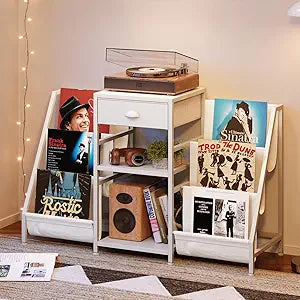 Record Player Stand with Drawer, Record Player Table with Vinyl Record Storage Up to 280 Albums, Turntable Stand with Record Holder Display Shelf, Record Cabinet for Media Stereo Audio, White
