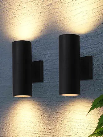 LEONLITE Modern Outdoor Cylinder Wall Lights 12", Up and Down Porch Patio Lights, Matte Black Waterproof Wall Sconce, Aluminum, E26 Base, Exterior Light Fixture Wall Mount, ETL, Pack of 2