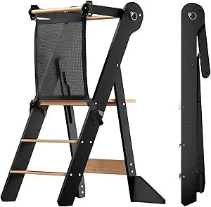 COSYLAND Foldable Toddler Standing Tower - Adjustable Height Folding Step Stool Kid Toddler Kitchen Stool for Learning and Cooking - Ages 18 Months to 6 Years with Safety Net Natural & Charcoal