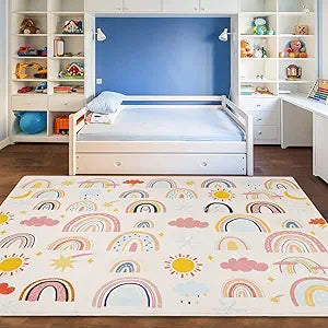 Rainbow Kids Rug 3'3" x 4'11", Soft Kid Area Rug, Large Washable Space Mat, Non-Slip Cute Rainbow Weather Kid Crawling Floor Mat for Living Room Playroom Classroom Bathroom(for Age 2+)