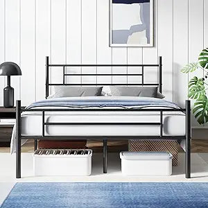 Avenco Metal Platform Bed Frame Queen Size with Classical Headboard and Footboard, 14 Inch, Under Bed Storage, Strong Metal Slats Support, Mattress Foundation, No Box Spring Needed