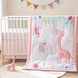 Crib Bedding Set with Plush Toy for Baby Boys Girls, Oeko-Tex | 4 Piece Nursery Bedding, Fitted Sheet, Quilt, Crib Skirt, Stuffed Giraffe, Gender Neutral, Cartoon Animal Style, Shower Gift