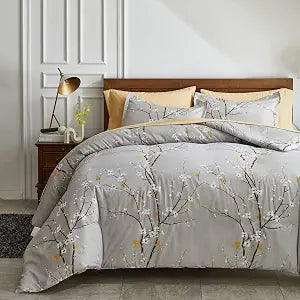 UOZZI BEDDING Branch Style Queen Duvet Cover Set with 2 Pillow Shams - 800 TC Zipper Closure 4 Corner Ties - Adults Dots Floral White Tree Style Reversible Design
