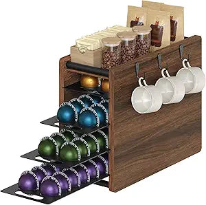 YATINEY Coffee Pod Drawer Holder, 72 Pods Large Capacity, 4 Tier Holder for Vertuo, Coffee Pod Organizer for Countertop, Storage Rack for Nespresso Vertuo Pods, Space Saving, Walnut KH06BH