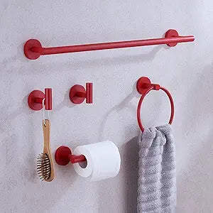 Bathroom Hardware Set,5 Pieces Bathroom Towel Bar Set,24 inch Towel Bar,Towel Ring for Bathroom,Robe Towel Hooks,Toilet Paper Holder Wall Mounted(Drilling),Red,SE96006S-5RED