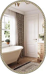 Gold Oval Mirror for Bathroom, 24"x36" Beaded Antique Brass Mirror for Wall Decorated, Champagne Bronze Vintage Vanity Mirrors for Bedroom Living Room Hallway Fireplace