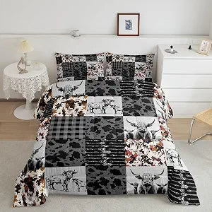 Erosebridal Highland Cow Bedding Set Full Size,Milk Cow Print Comforter Set Western Decor for Boys Girls Bedroom,Rustic Farmhouse Bedding Sets Wildlife Animal Longhorn Cattle Quilt Bed Set 3Pcs