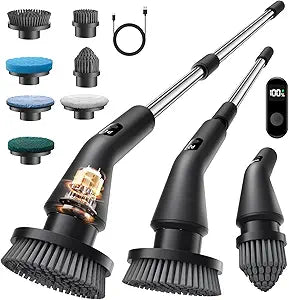 Electric Spin Scrubber, Upgraded IPX7 Cordless Cleaning Brush for Bathroom Shower, Household Cleaning Scrubber with 7 Brush Heads, Adjustable Long Handle and 2 Rotating Speeds for Tub Floor