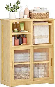 HOOBRO Bathroom Floor Cabinet, Small Bathroom Cabinet with 2 Doors, Floor Storage Cabinet, Bamboo Organizer Cabinet with Adjustable Shelves for Living Room, Dining Room, Entryway, Natural