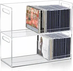 CroBlissful 2 Pcs Acrylic Cd Storage Box, Clear Acrylic Stackable Cd Holder Racks with Cutout Carrying Handles, Organizer Shelf for Media, Movie Cases, Dvds Organizer