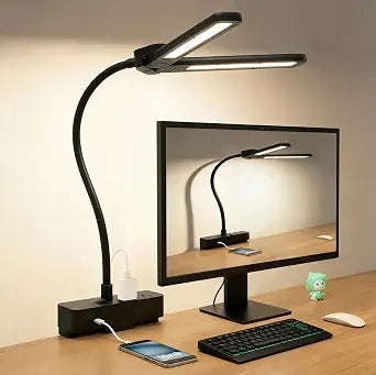 Drevet Led Desk Lamp for Office Home, Eye Caring Architect lamp with Clamp, 2AC&1USB-C Charging Port, 3 Brightness & 3 Color Modes Flexible Adjustable Lighting Table Lamp for Study Drafting