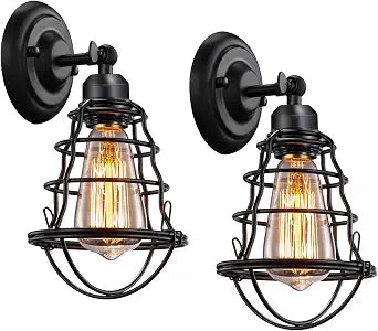 Asnxcju Industrial Wall Sconces Set of Two, Farmhouse Wall Sconce, Vintage Wire Cage Wall Lighting Sconce, Black Wall Lamp Fixture for Bedroom, Headboard, Porch