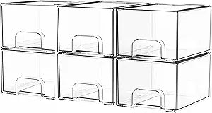 Yieach 6 Pack Small Stackable Storage Drawers,4.4 Inch Tall Stacking Acrylic Clear Storage Bins for Bathroom Vanity,Undersink,Pull Out Drawer Organizers for Beauty,Makeup,Medicine Cabinet Organizers