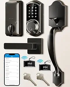 Veise VE06-H Smart Front Door Lock Set, App Control, Keyless Entry Deadbolt with Lever Handle, Electronic Digital Touchscreen Keypad, Auto Lock, Easy Install, Matte Black