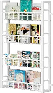 Homeiju 4-Tier Wall Mounted Bookshelf for Kids, Large Storage Book Display Shelf for Nursery Bedroom Living Room, Wall Bookshelves with Metal Frame for Baby Toddler Children Room Organization, White