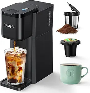 Tastyle Mini Hot and Iced Coffee Maker Single Serve, for K Cup and Ground, 6 to 14 Oz Brew Sizes, with Recipe Book, for Home, Travel, RV, Office and Dorm,Classic Black (2.0 Version)