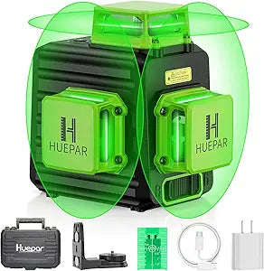 HUEPAR Laser Level 360 Self Leveling, Rechargeable 3D High Brightness Green Laser 3x360 Best Laser Leveler Tool for Construction and Picture Hanging, Strong Magnetic Bracket & Hard Suitcase -B03CG
