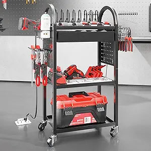 SOYEEZE Utility Cart with Charging Station and Drawer, 4 Tier Rolling Cart with Pegboard, Floor Tool Cart on Wheels, Heavy Duty Metal Garage Storage Rack with 8 Outlet Power Strip
