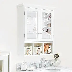 Medicine Cabinet, Bathroom Organiser, Wall Mounted Bathroom Cabinet with Mirror with 2 Adjustable Shelves and 3 Storage Baskets for Laundry Room, Kitchen