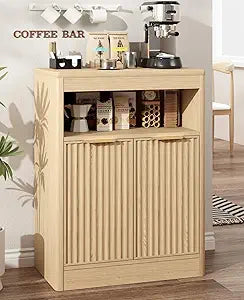 Fluted Buffet Cabinet with Storage, Small Coffee Bar Cabinet with Doors & Adjustable Shelves, Wood Storage Cabinet for Kitchen, Living Room, Entryway, Oak
