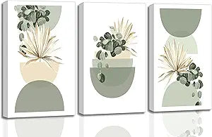 3 Pcs Neutral Abstract Boho Canvas Wall Art Beige Sage Green Mid Century Modern Plants Bohemia Pictures Wall Decor Posters Prints for Bedroom Living Room Bathroom Office Home Decoration
