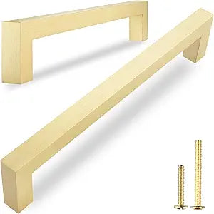 QOGRISUN 5 Pack Solid Brass Cabinet Pulls, 3-3/4 Inch Hole Center, Brushed Matte Gold Square Drawer Handles, Modern Brass Hardware for Kitchen Dresser Bathroom Cupboard Furniture