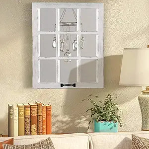 LOSOUR Decorative Wall Mirror-Distressed Wood Windowpane Mirror- Farmhouse Mirrors for Wall with Hanging Hardware for Bedroom Living Room Bathroom Kitchen (, 18Wx23L)