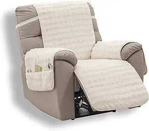 Waterproof Recliner Chair Covers, Thick Plush Recliner Cover Non-Slip Dog Chair Cover Furniture Protector Washable Slipcover with Pocket, Elastic Straps for Pets, Dogs (White, 23.6"Recliner Chair)
