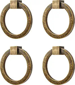 RZDEAL 4Pcs 2.0" x 1-7/8" Solid Brass Antique Brass Pulls for Dresser Drawer Ring Pulls Furniture Hardware Brushed Gold Wardrobe Door Handles