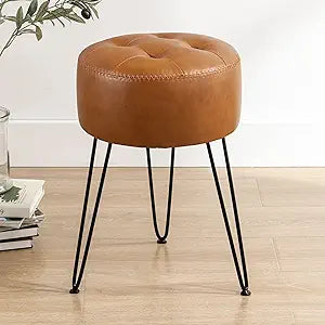 LUE BONA Faux Leather Vanity Stool Chair for Makeup Room,Brown Stool for Vanity,19 Height, Tufted Small Vanity Chair with Metal Legs, Modern Foot Ottoman for Bedroom, Living Room