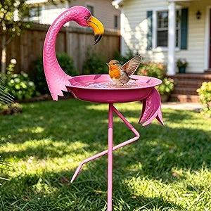 12.6" W*39.4" H Flamingo Bird Baths for Outdoor, Metal Bird Bath Bowl, Bird Feeder or Drinker Plate with Metal Stake, Home Garden Lawn Yard Decor