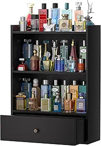 3 Tier Cologne Organizer for Men, Wooden Perfume Organizer Cologne Stand with Drawer Storage Large Capacity, Gift for Men (Black)