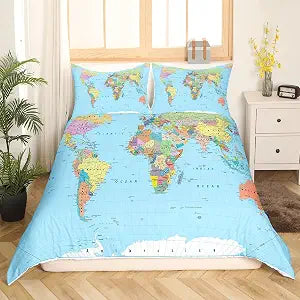 Erosebridal World Map Duvet Cover Twin Multicolored Bedding Set 3D Geography Blue Ocean Bedroom Decor Comforter Cover America Europe Asia Africa Quilt Cover