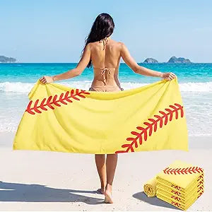 Peryiter 6 Pcs Softball Beach Towels 30" x 60" Yellow Baseball Beach Towels Softball Team Gift Woman Girls Bath Swimming Gift Sport Party Favor