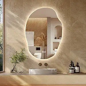 Irregular LED Bathroom Mirror with Lights, 35 x 25 Inch Asymmetrical Led Bathroom Vanity Mirror for Wall, Anti-Fog, Dimmable, Memory Function, Shatter-Proof, 3 Colors, Horizontal/Vertical