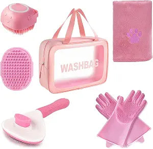 6PCS Pink Dog Washing Kit with Dog Brush, Shampoo Brush, Bath Scrubber,Washing Gloves, 39.7"  20.5" Towel and Big Toiletries Bag.
