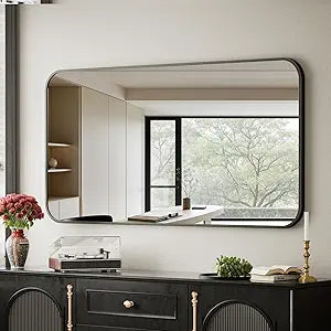 BEAUTYPEAK 26" x 38" Rectangular Aluminum Alloy Frame Wall Mounted Bathroom Mirror with Rounded Corners, Black