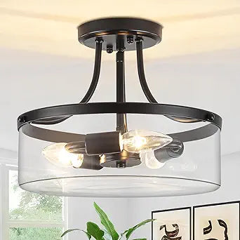 11.81" Black Semi Flush Mount Ceiling Light Modern Glass Light Fixture Industrial Hallway Lights 3-Light Close to Ceiling Light Fixtures for Entryway Bedroom Kitchen Dining Room Laundry Room Lighting