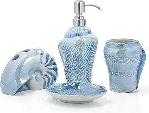 Ocean Conch Sea Shell Ceramic Bathroom Accessories Set of 4,1 Gargle Cups 1 Toothbrush Holders 1 Soap Dishes 1 Soap Dispenser (Blue)