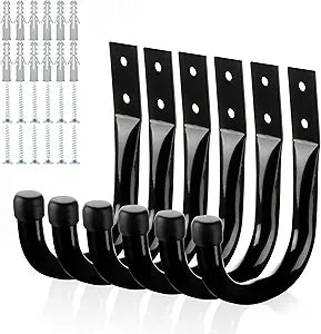 KURUI Metal Wall Hooks for Hanging Heavy Duty, 6Pcs Garage Organization and Storage Hook for Extension Cord Tool Coat Backpack Bag, Large Utility J Hooks, Black Wall Mount Hanges for Outdoor Indoor