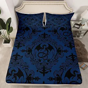 Feelyou Blue Black Dragon Fitted Sheet Twin Size for Kids Boys Girls Jacquard Bed Sheets Set 16" Deep Pocket Soft Microfiber Damask Bedding with 1 Pillowcase Vintage Damask Floral Room Decor