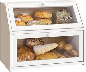 BMOSU Farmhouse Bread Box for Kitchen Countertop Bread box Double Layer Bamboo Wooden Extra Large Capacity Bin Kitchen Food Storage Container(White)