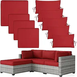 9 Pcs Outdoor Patio Furniture Cushion Covers, Waterproof & Sun-Resistant Zippered,Fit for Patio Furniture Sectional Sofas and Wicker Rocking Chairs,4 Sizes,Red,Covers Only