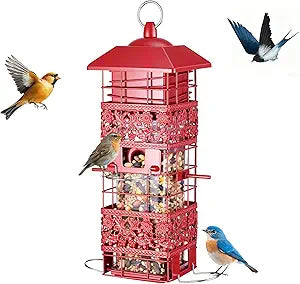 Squirrel Proof Bird Feeder, Weight-Activated Metal Bird Feeders for Outdoors Hanging, 4 Feeding Ports for Finches, Cardinals & Chickadees, 2.8LB Large Capacity Wild Bird Feeder, Red