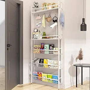 Behind the Door Bookshelf, Metal Slim Shelf After Door, Tall Narrow Wall Mounted Storage Cabinet, Space Saving Behind Door Standing Bookcase with Hooks for Books Bedroom Living Room Office