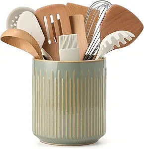 JIEMEI HOME Kitchen Utensil Holder, Ceramic Stable Utensil Crock for Countertop, 7.2" Large Utensil Organizer with Cork Mat, Removable Bamboo Divider for Kitchen Dcor and Accessories, Wild Sage Earth